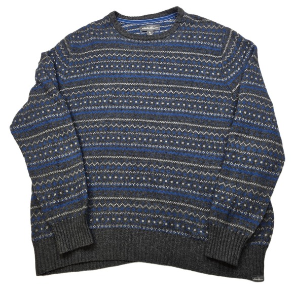 Eddie Bauer Fair Isle Sweater Mens 2XL Blue Gray Wool Blend Crewneck - Picture 1 of 11